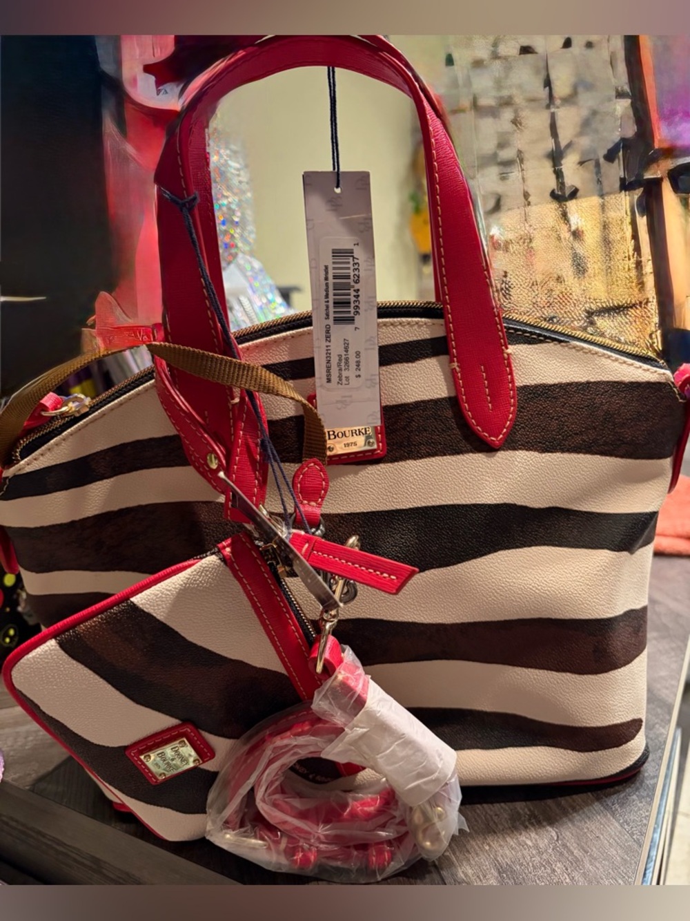 Dooney & Bourke Cream and Dark Brown Striped Tote with Red Trim